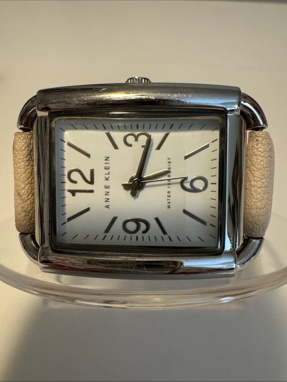 Anne Klein Silver-Tone Rectangular Watch with Cream Strap